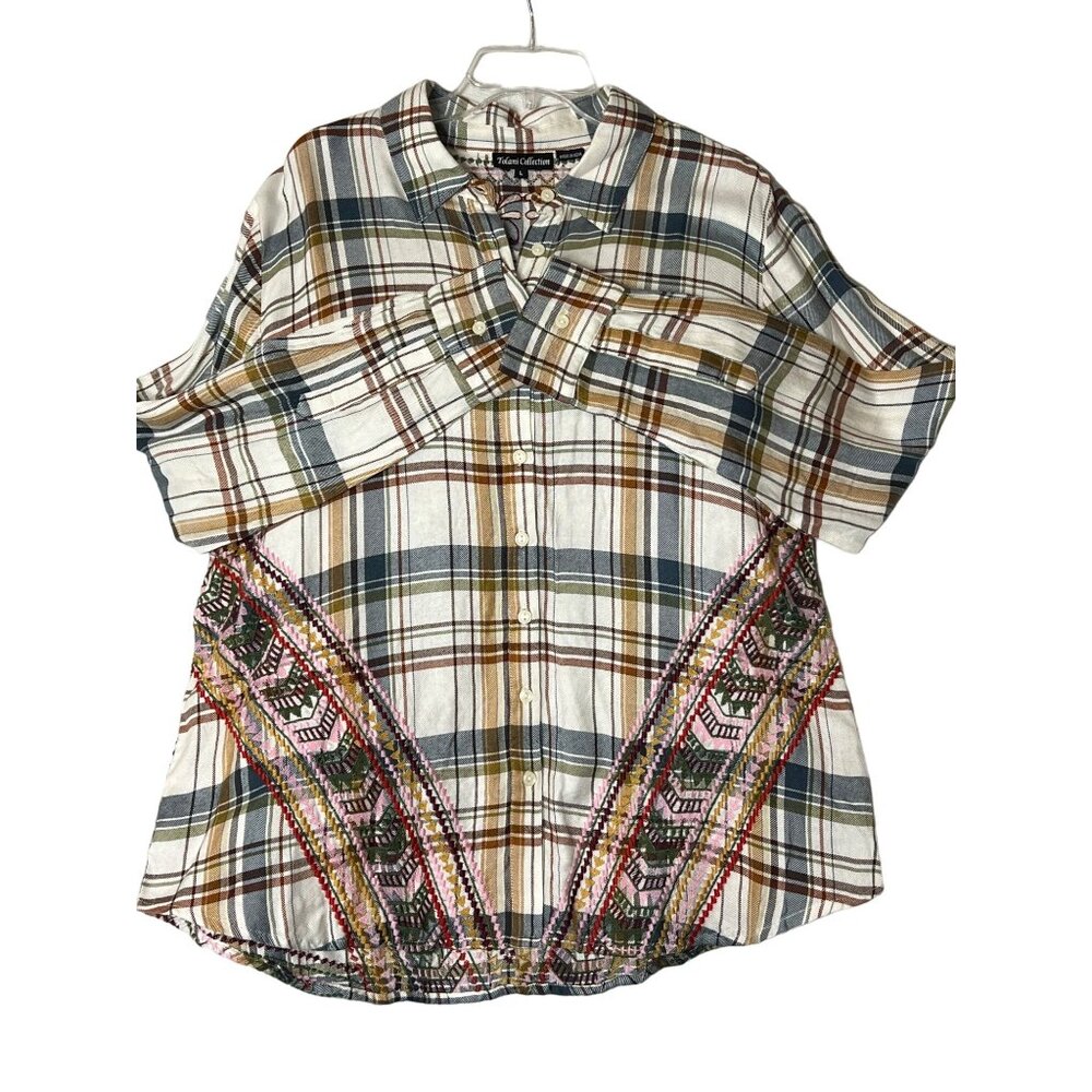 Tolani Collection Women's Plaid Button-Up Shirt Heavily Embroidered Details LARG